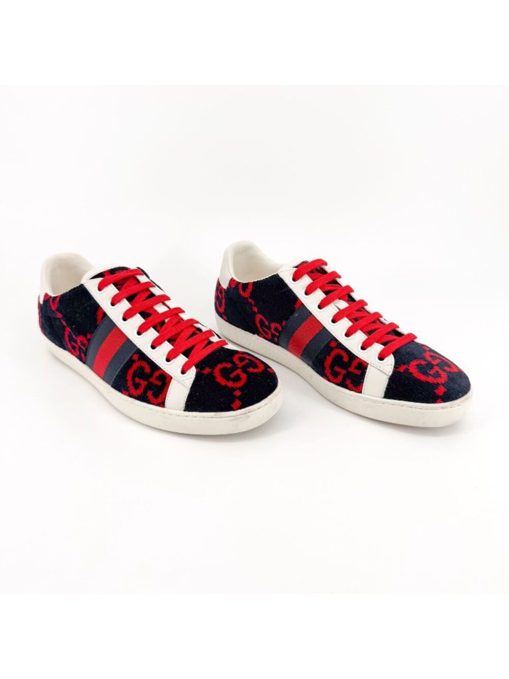 Gucci Ace Sneakers EU 38 US 8 Navy Blue & Red GG Monogram Corduroy Low Top Shoe